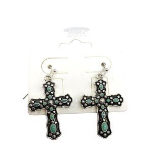 Silvertone & Turquoise Cross‎ Dangle Earrings